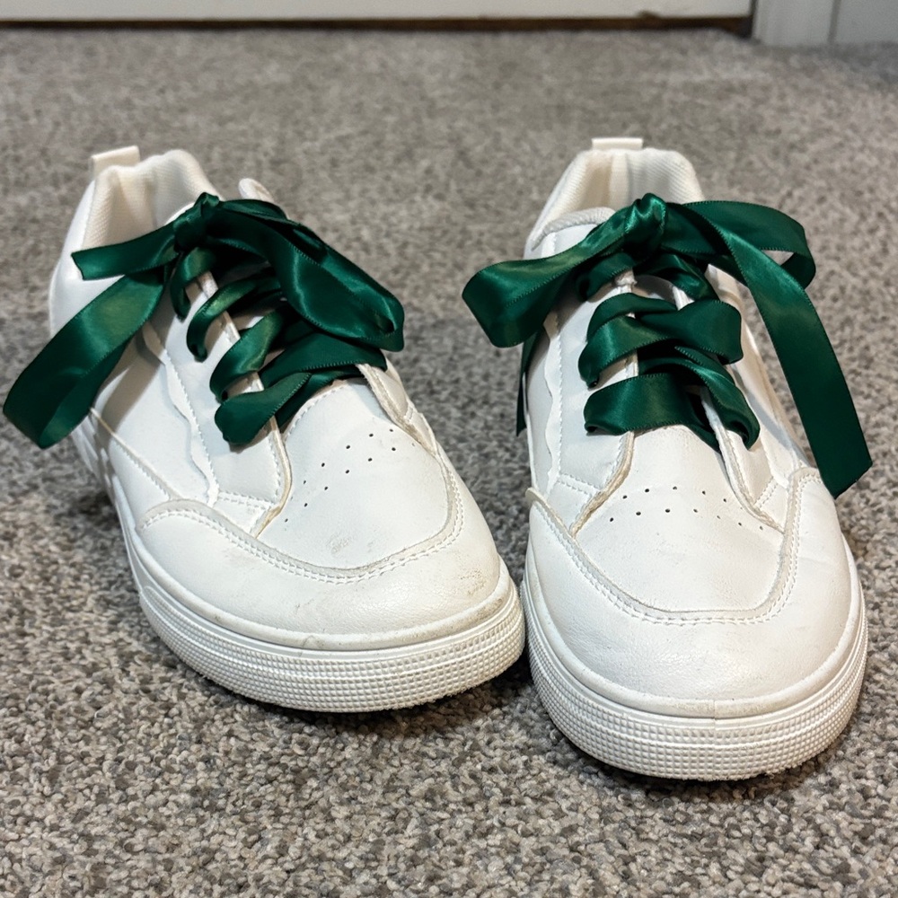 White Sneakers with Green Satin Ribbon Laces
